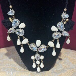 J.CREW Black Cord Tassel Large Clear/Cream Rhinestone NECKLACE